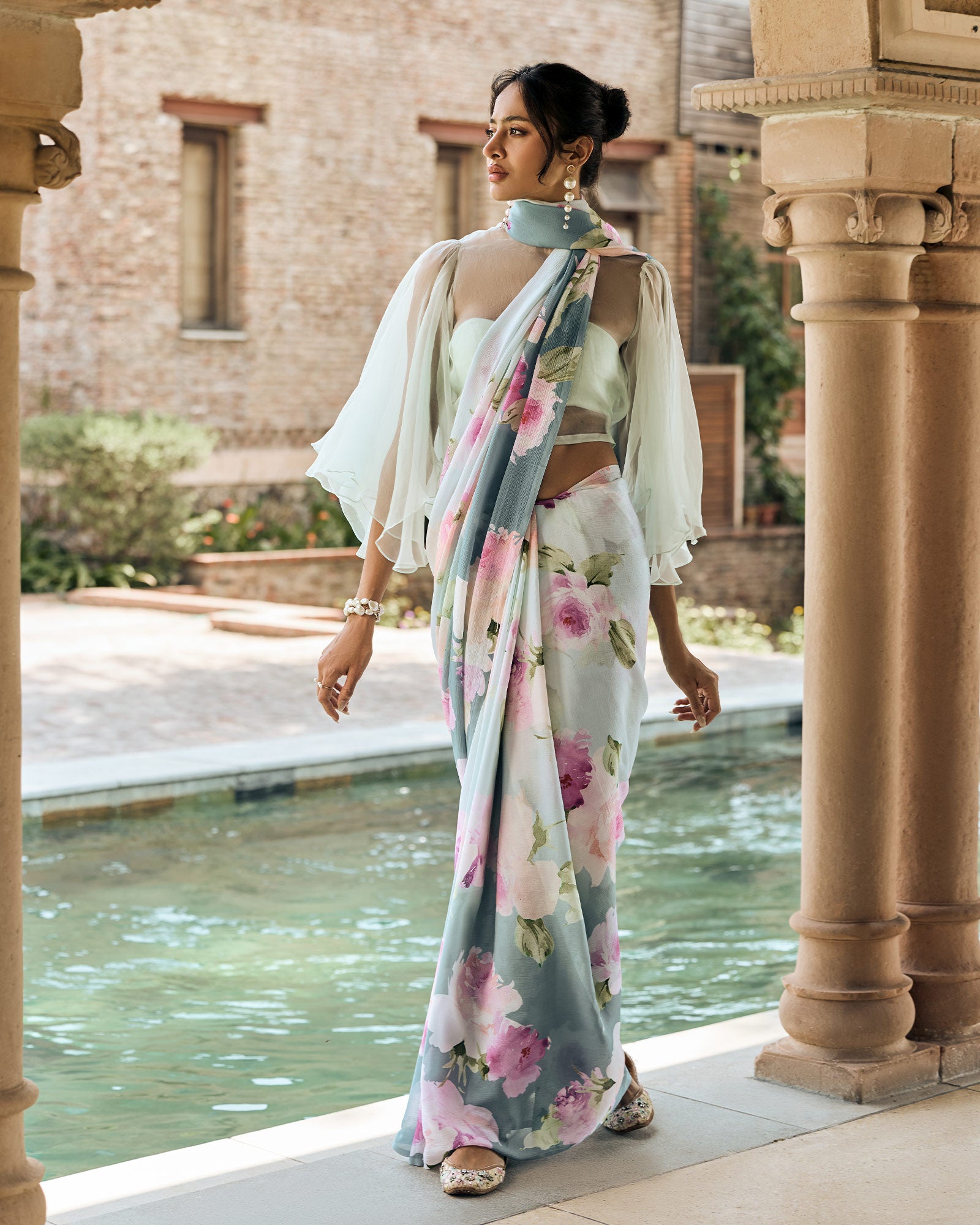 Green and Teal Printed Chiffon Saree