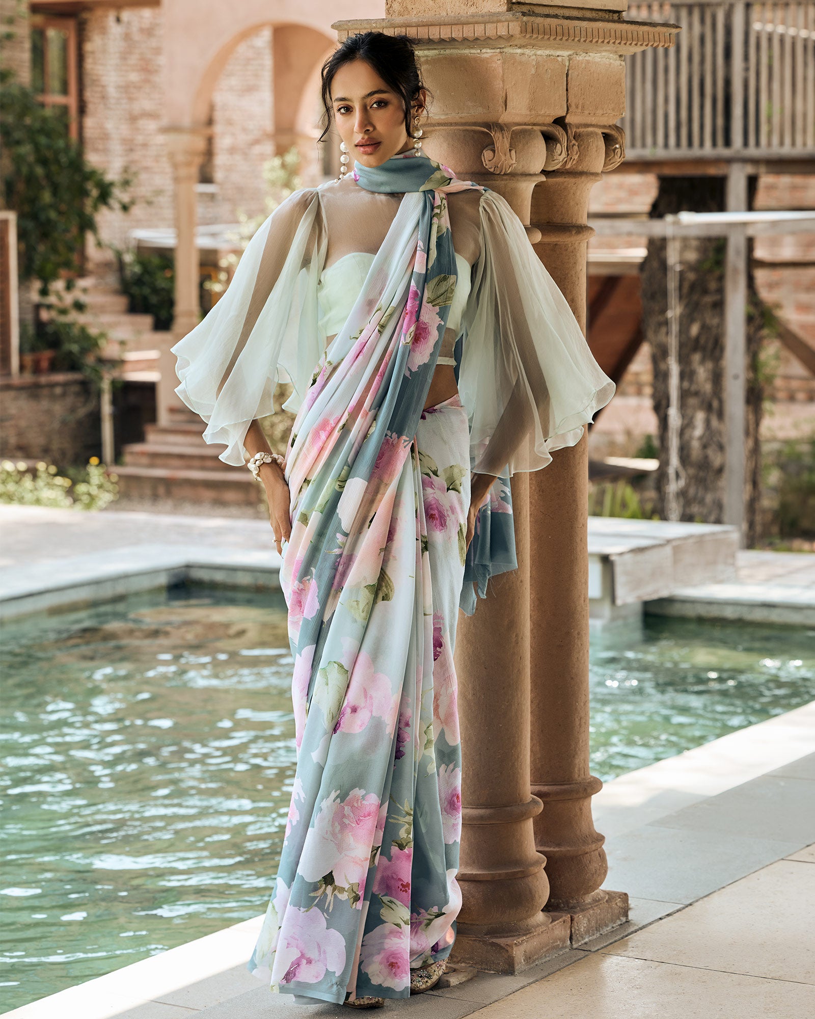 Green and Teal Printed Chiffon Saree