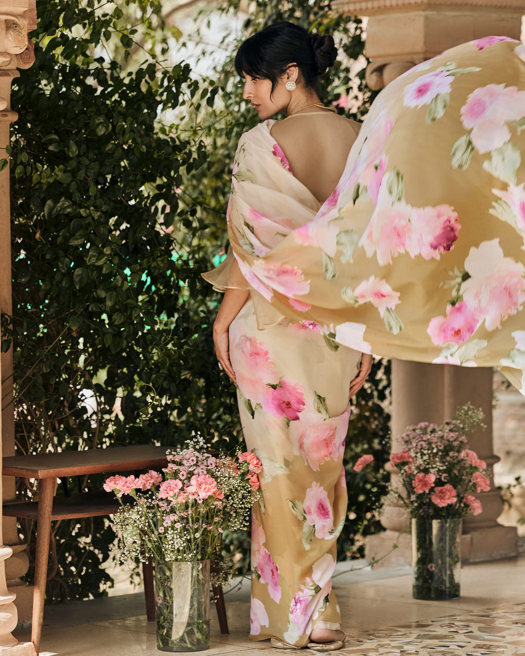 Off White and Brown Printed Chiffon Saree