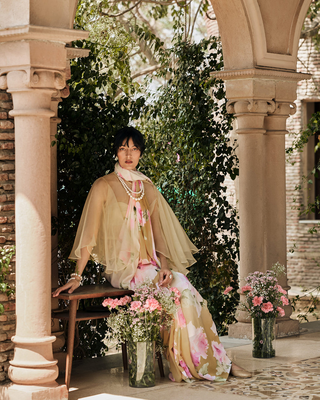 Off White and Brown Printed Chiffon Saree