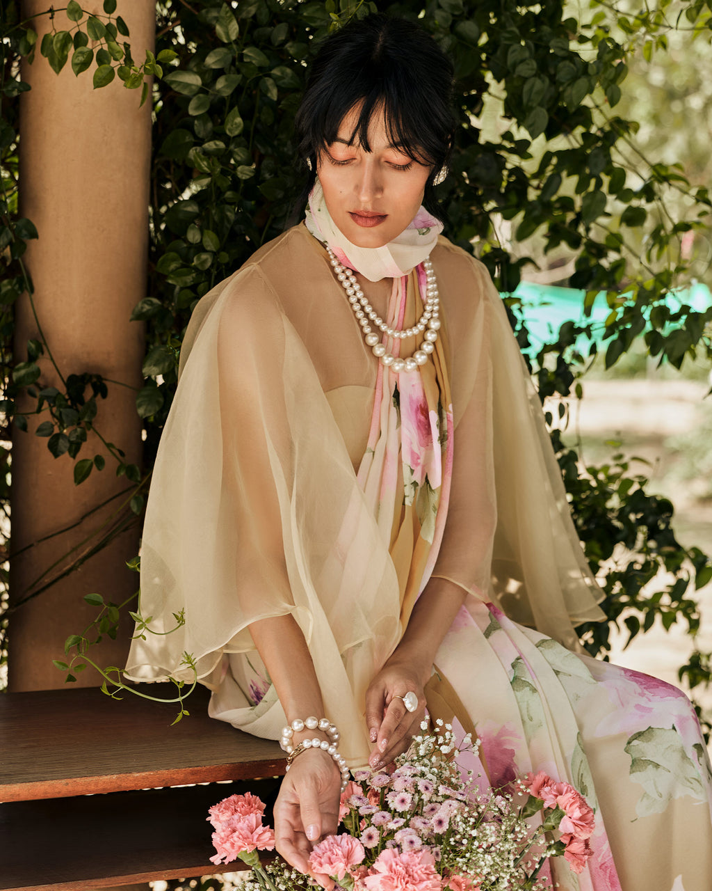 Off White and Brown Printed Chiffon Saree