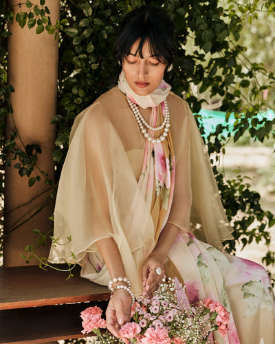 Off White and Brown Printed Chiffon Saree