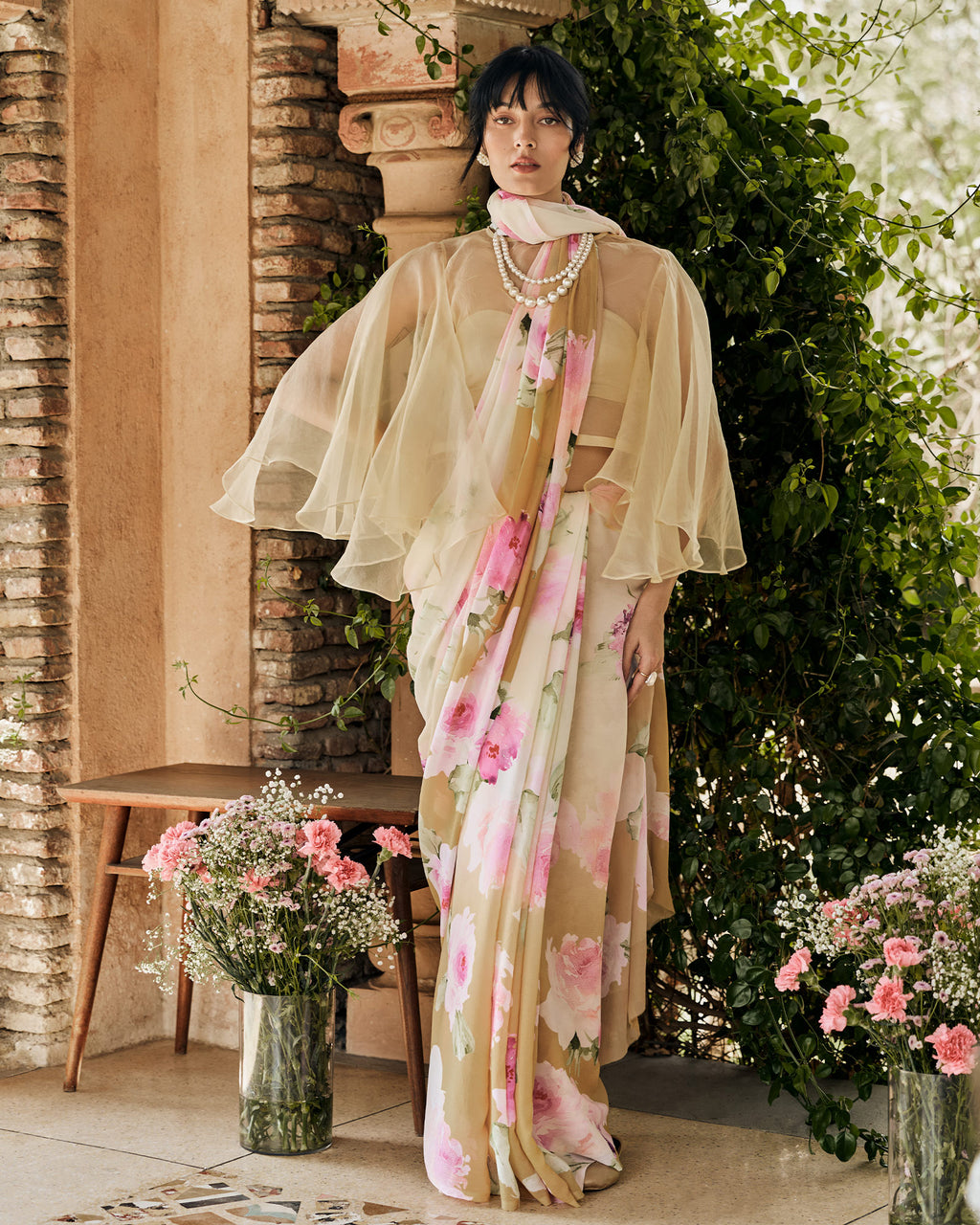 Off White and Brown Printed Chiffon Saree