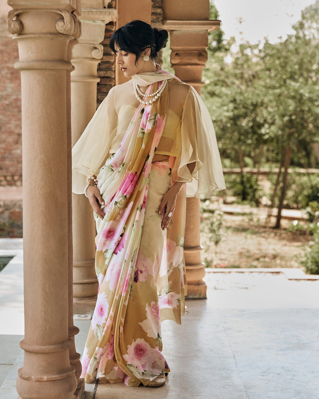 Off White and Brown Printed Chiffon Saree