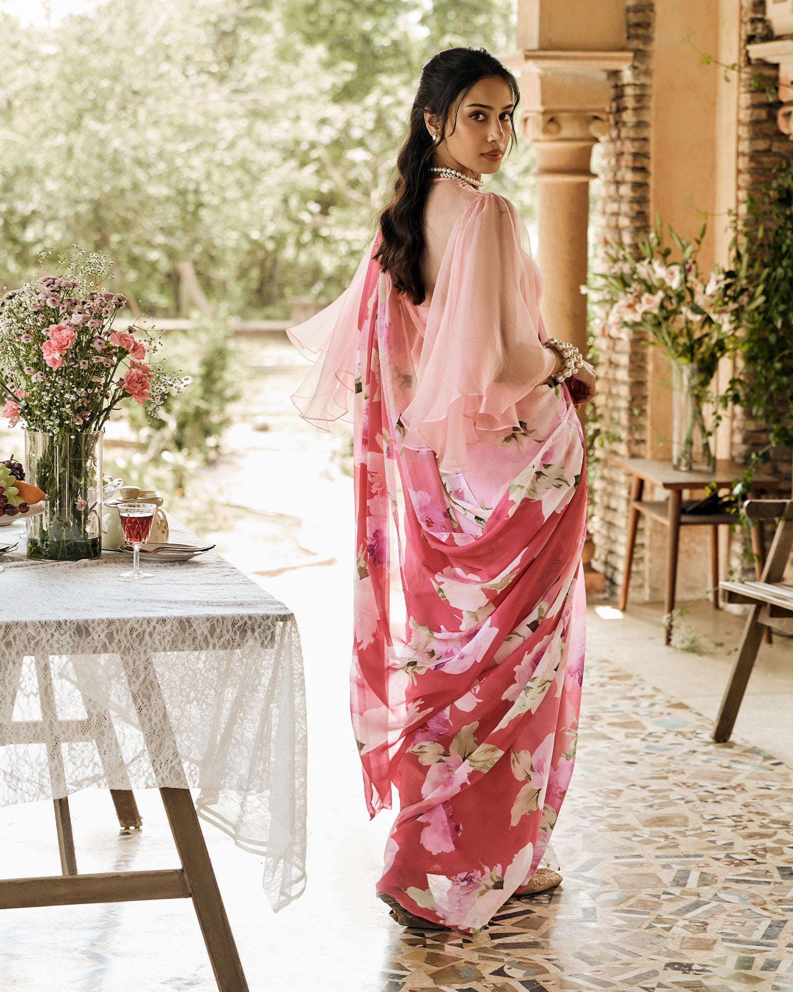 Pink Printed Chiffon Saree