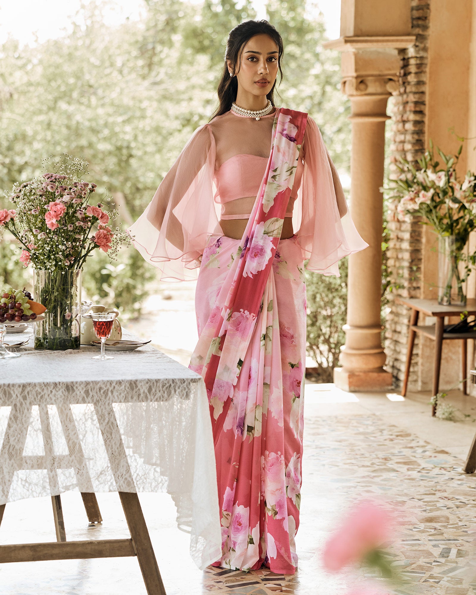 Pink Printed Chiffon Saree