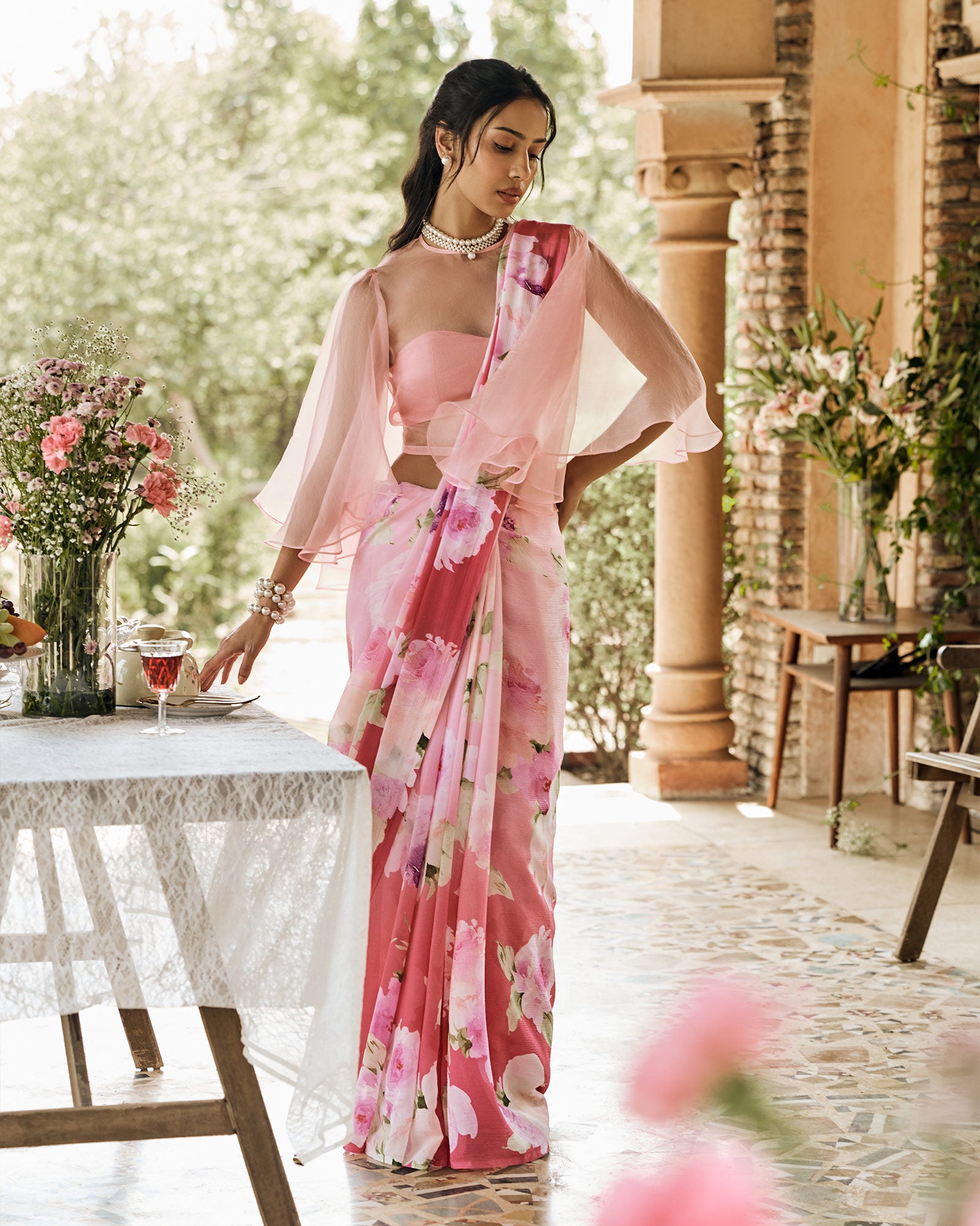 Pink Printed Chiffon Saree