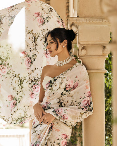 Off White Printed Chiffon Saree