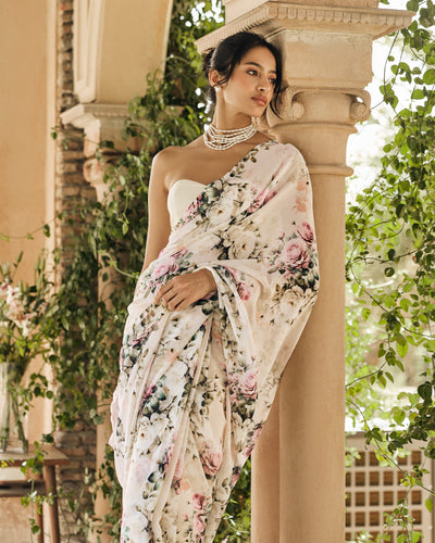 Off White Printed Chiffon Saree