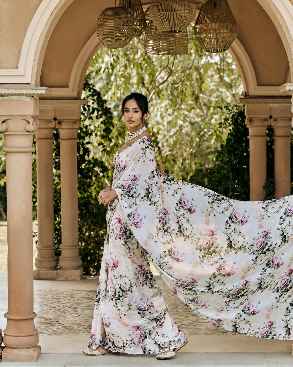 Off White Printed Chiffon Saree
