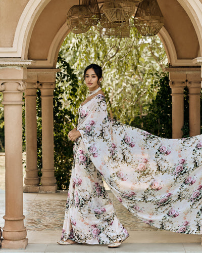 Off White Printed Chiffon Saree