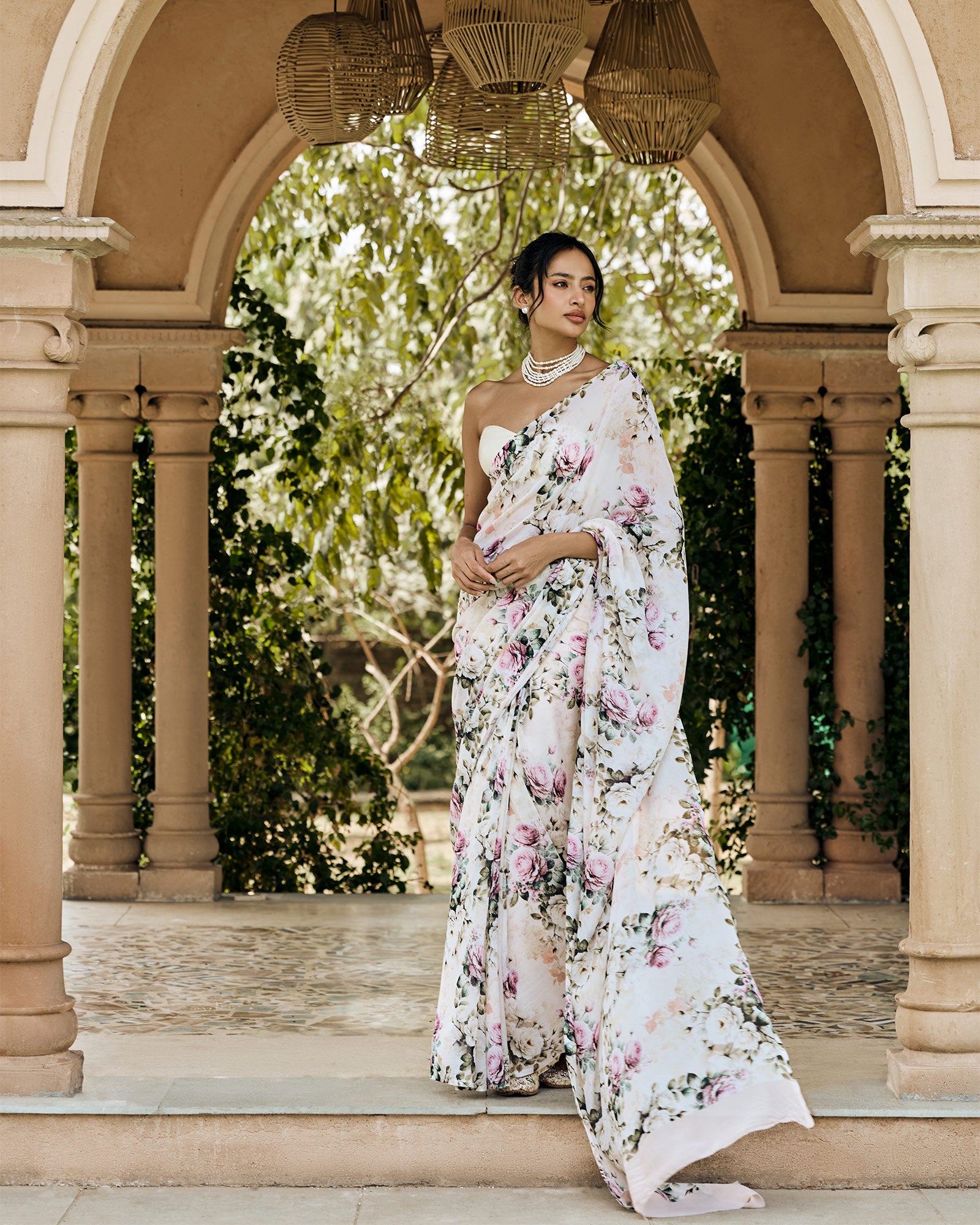 Off White Printed Chiffon Saree