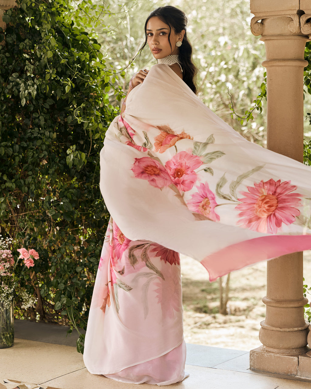 Off White Printed Chiffon Saree