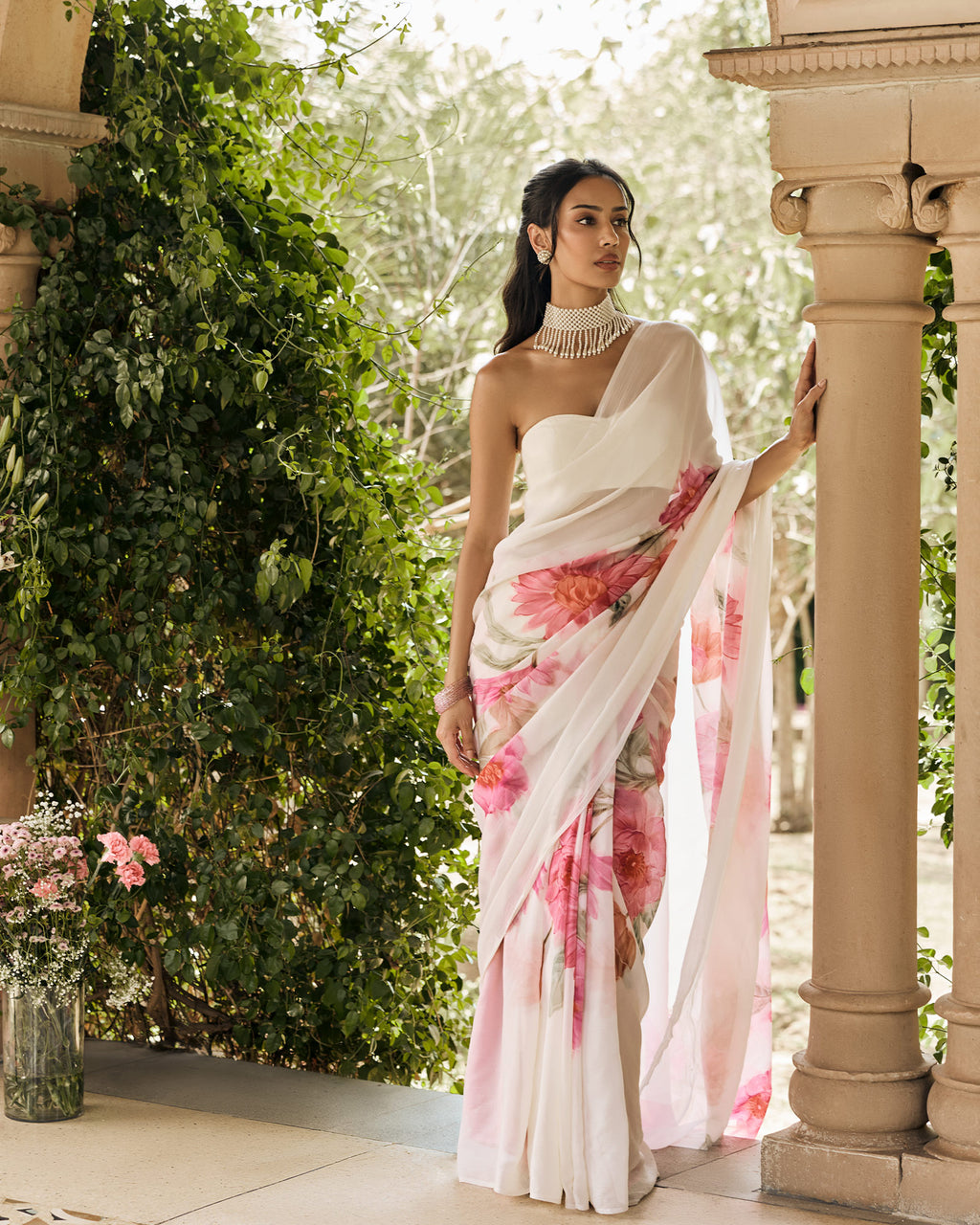 Off White Printed Chiffon Saree