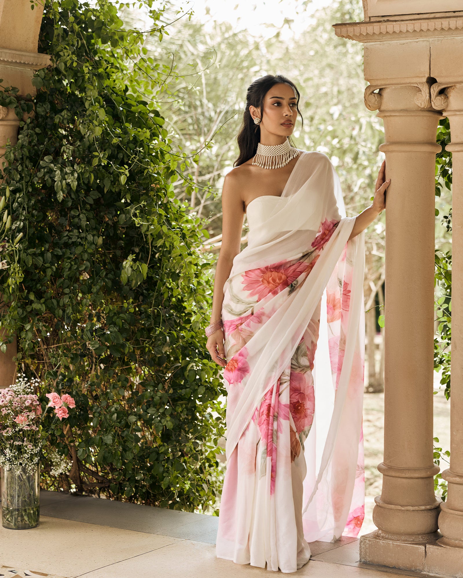 Off White Printed Chiffon Saree