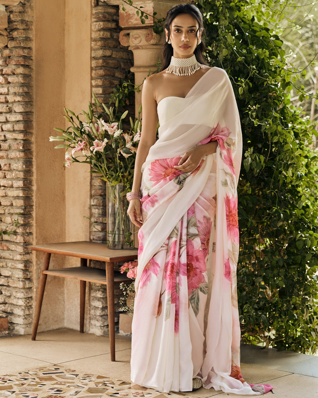 Off White Printed Chiffon Saree