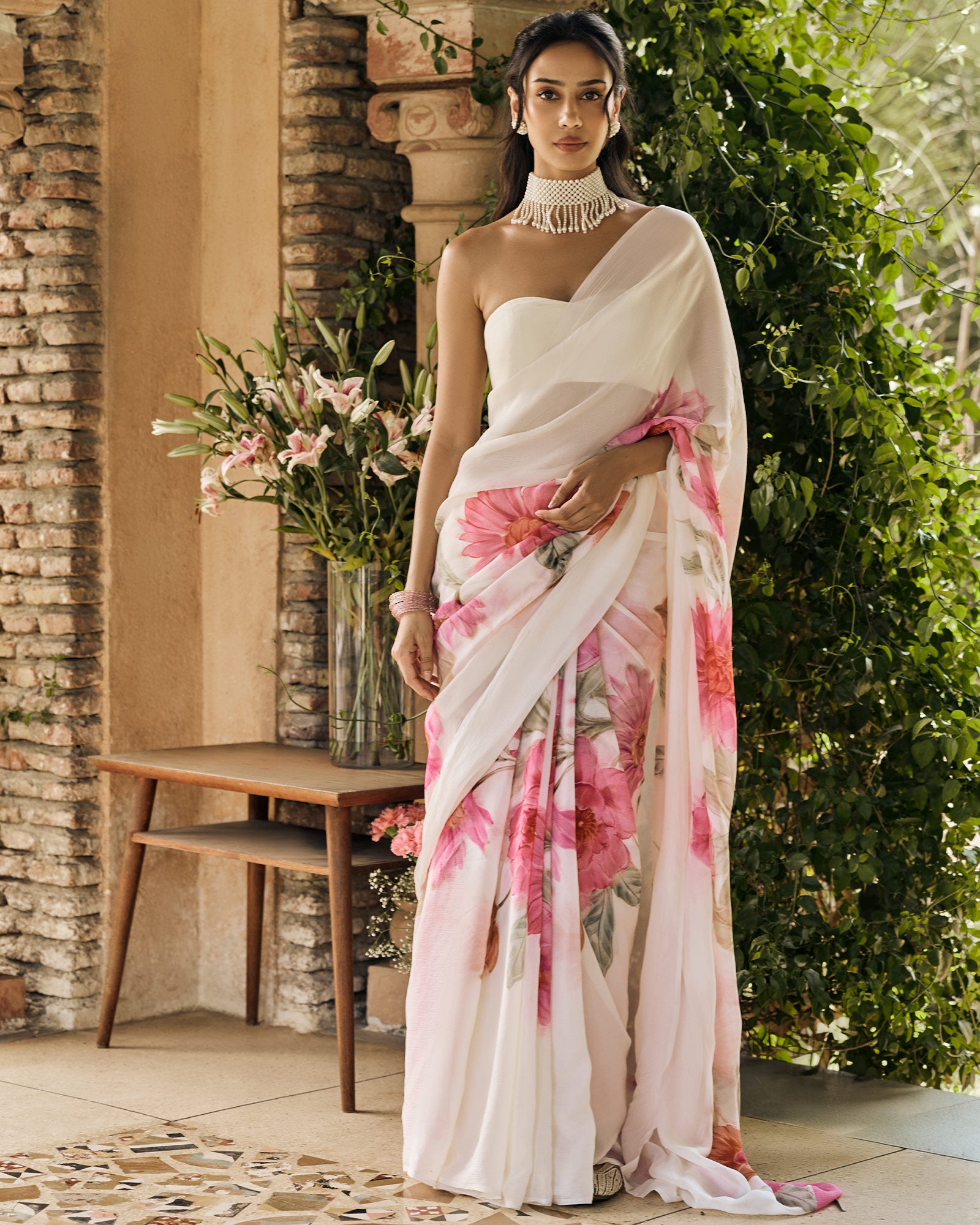 Off White Printed Chiffon Saree