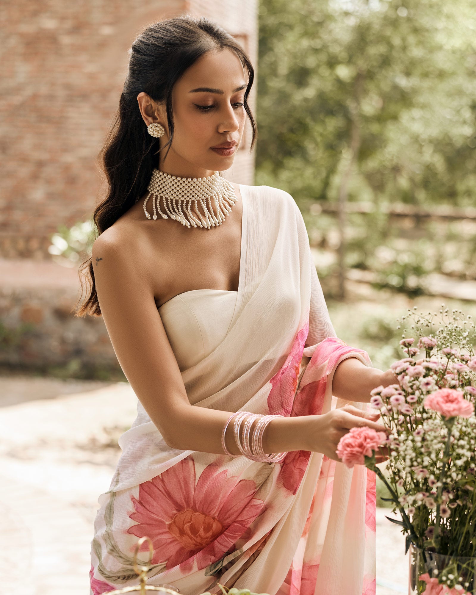 Off White Printed Chiffon Saree