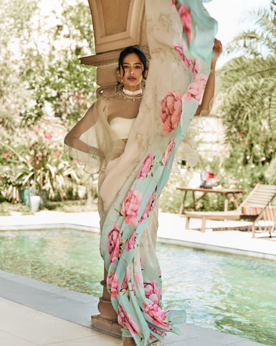 Beige and Blue Printed Chiffon Saree