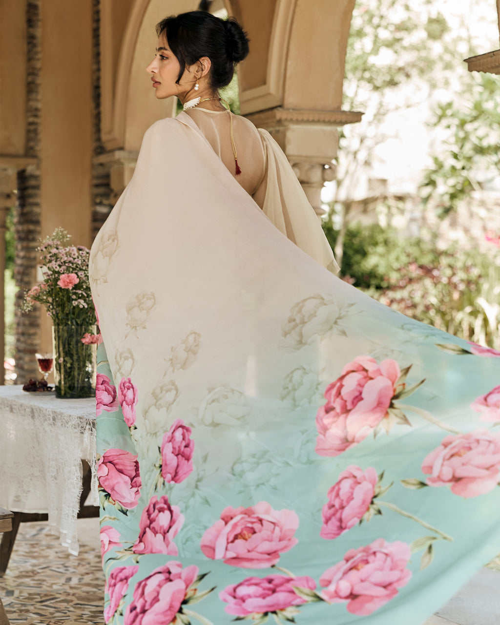 Beige and Blue Printed Chiffon Saree