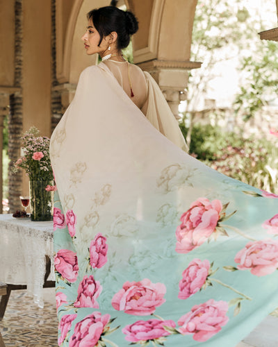 Beige and Blue Printed Chiffon Saree