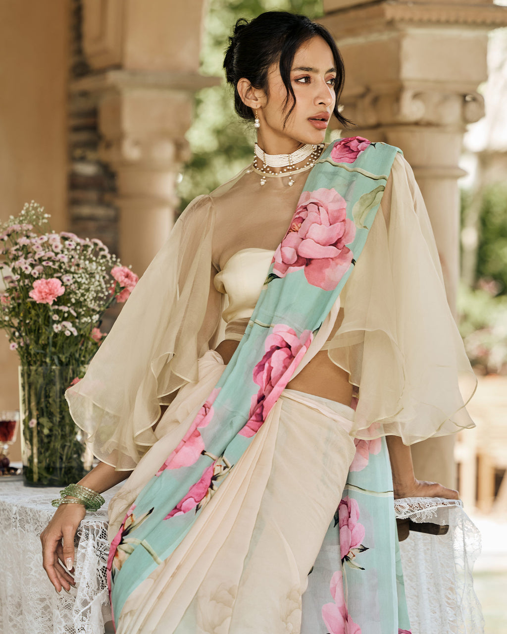 Beige and Blue Printed Chiffon Saree