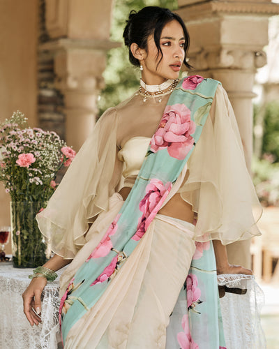 Beige and Blue Printed Chiffon Saree