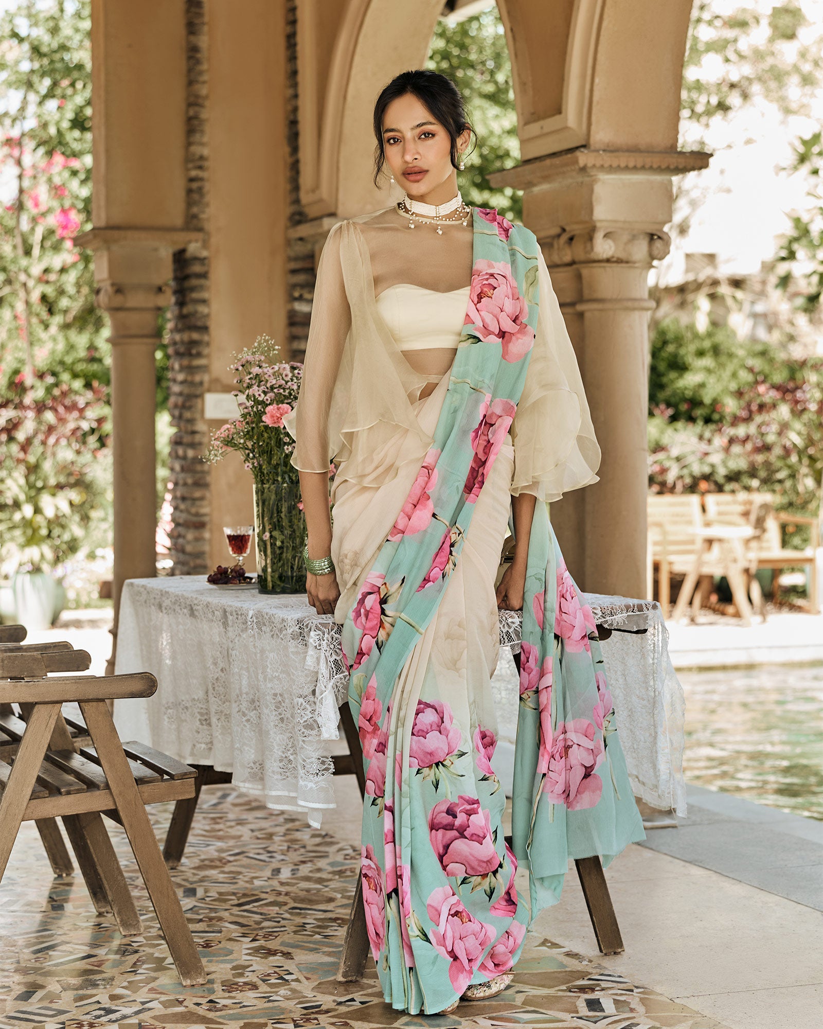 Beige and Blue Printed Chiffon Saree