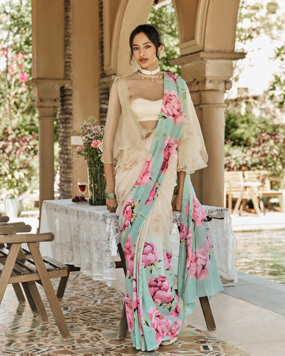Beige and Blue Printed Chiffon Saree