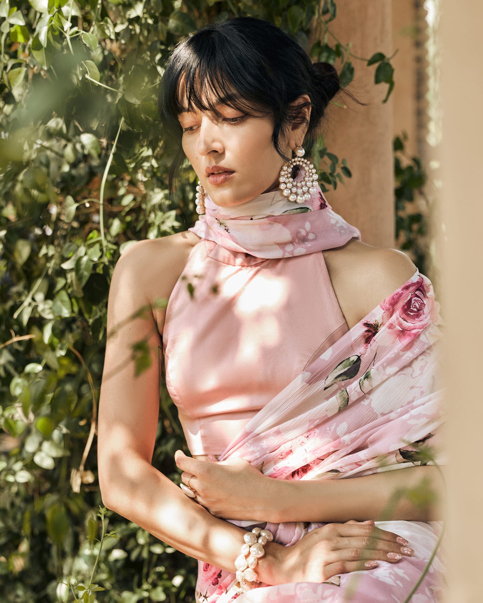 Pink and White Printed Chiffon Saree