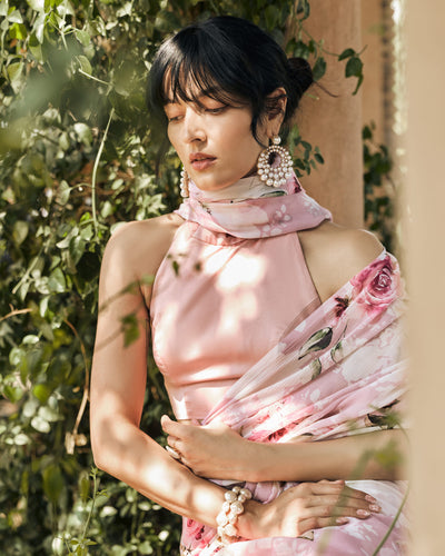 Pink and White Printed Chiffon Saree