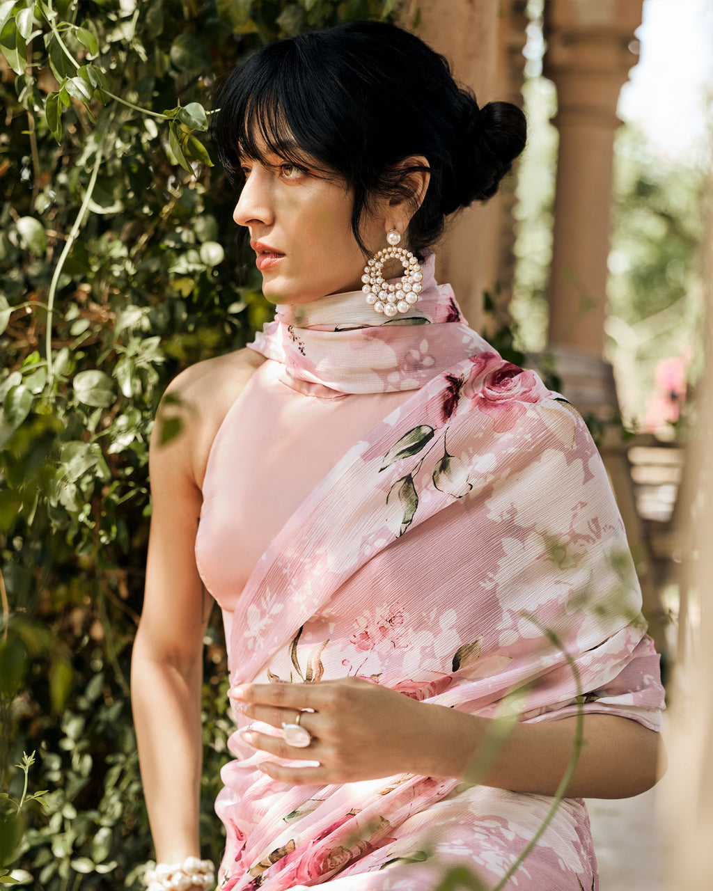 Pink and White Printed Chiffon Saree
