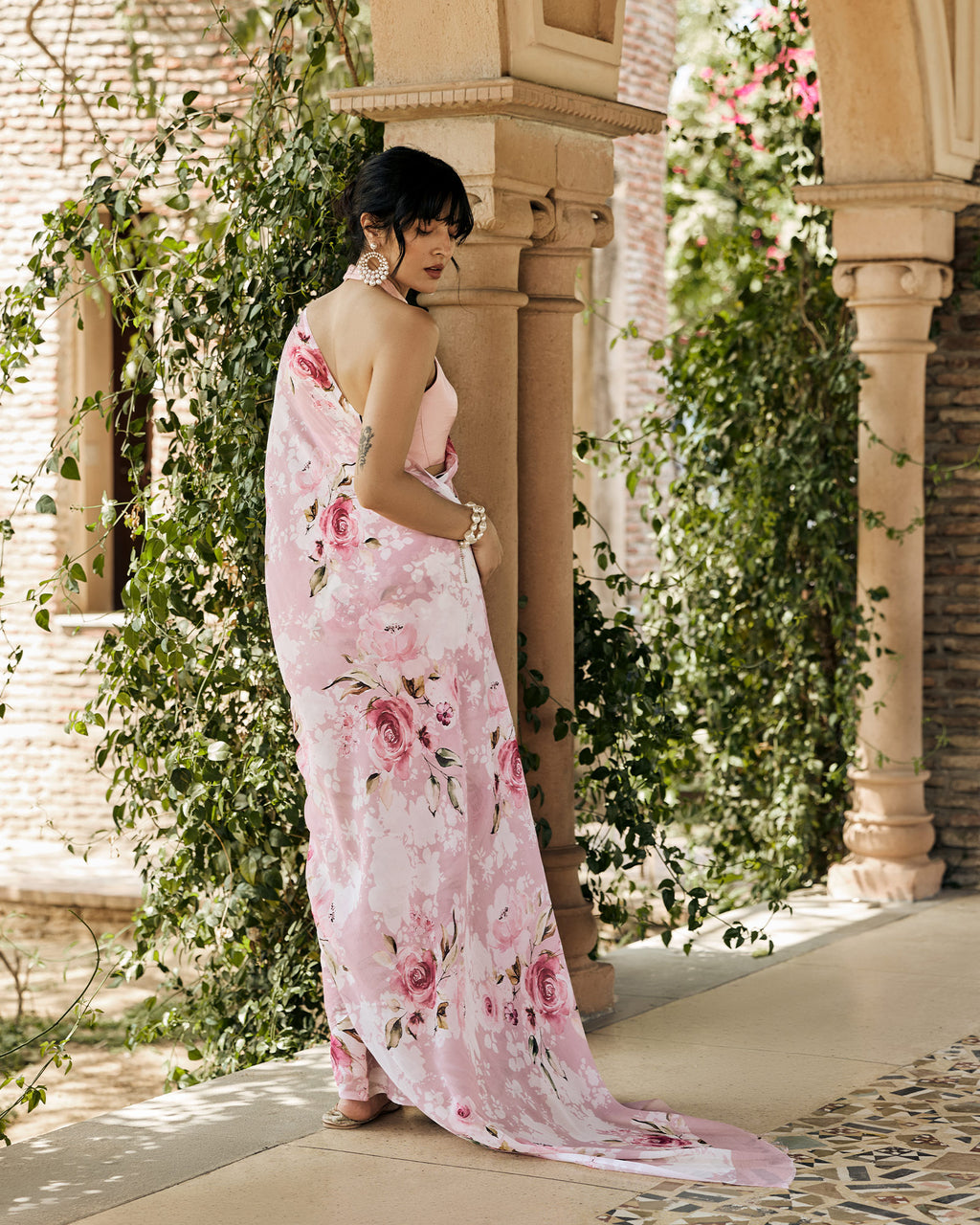 Pink and White Printed Chiffon Saree