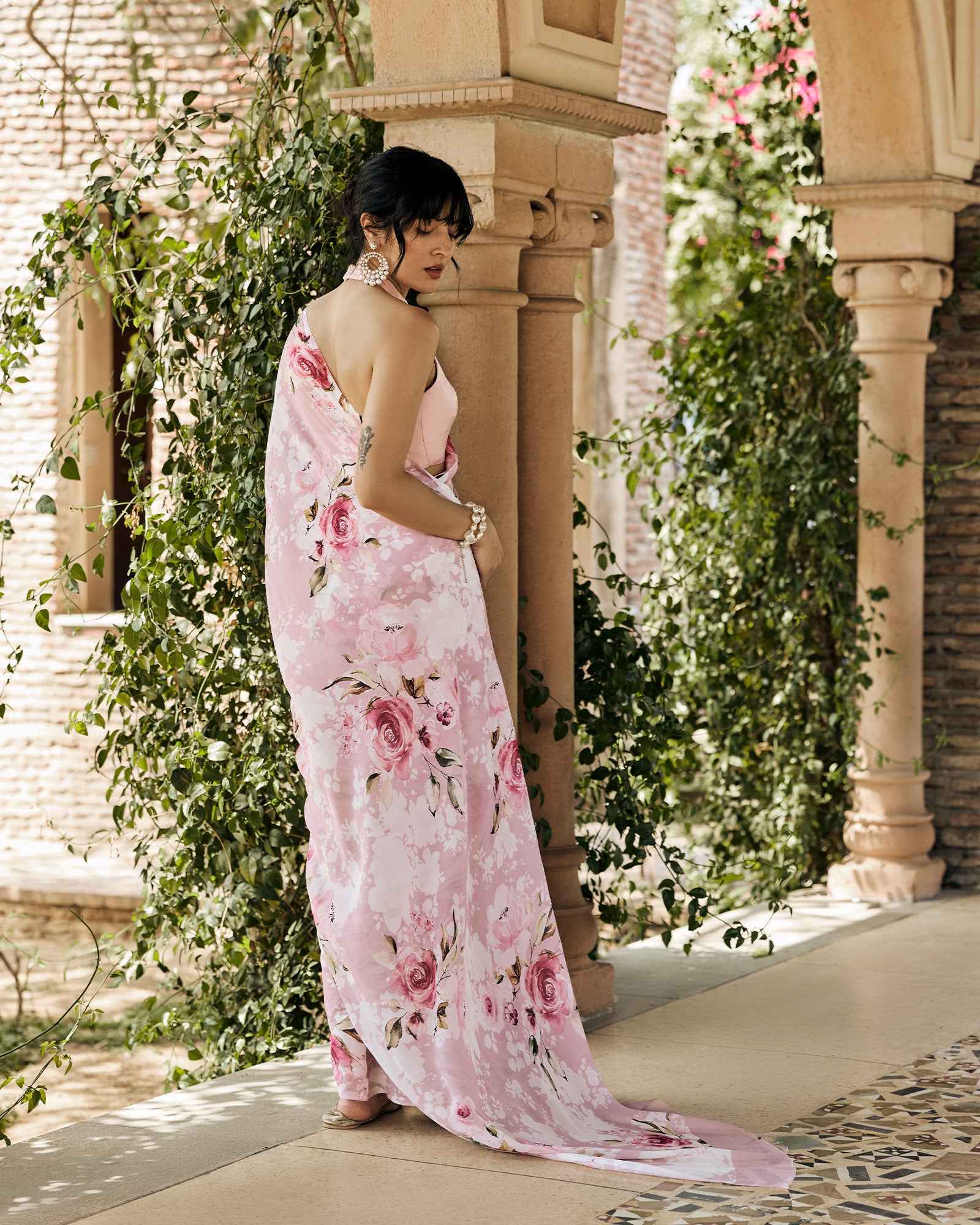 Pink and White Printed Chiffon Saree