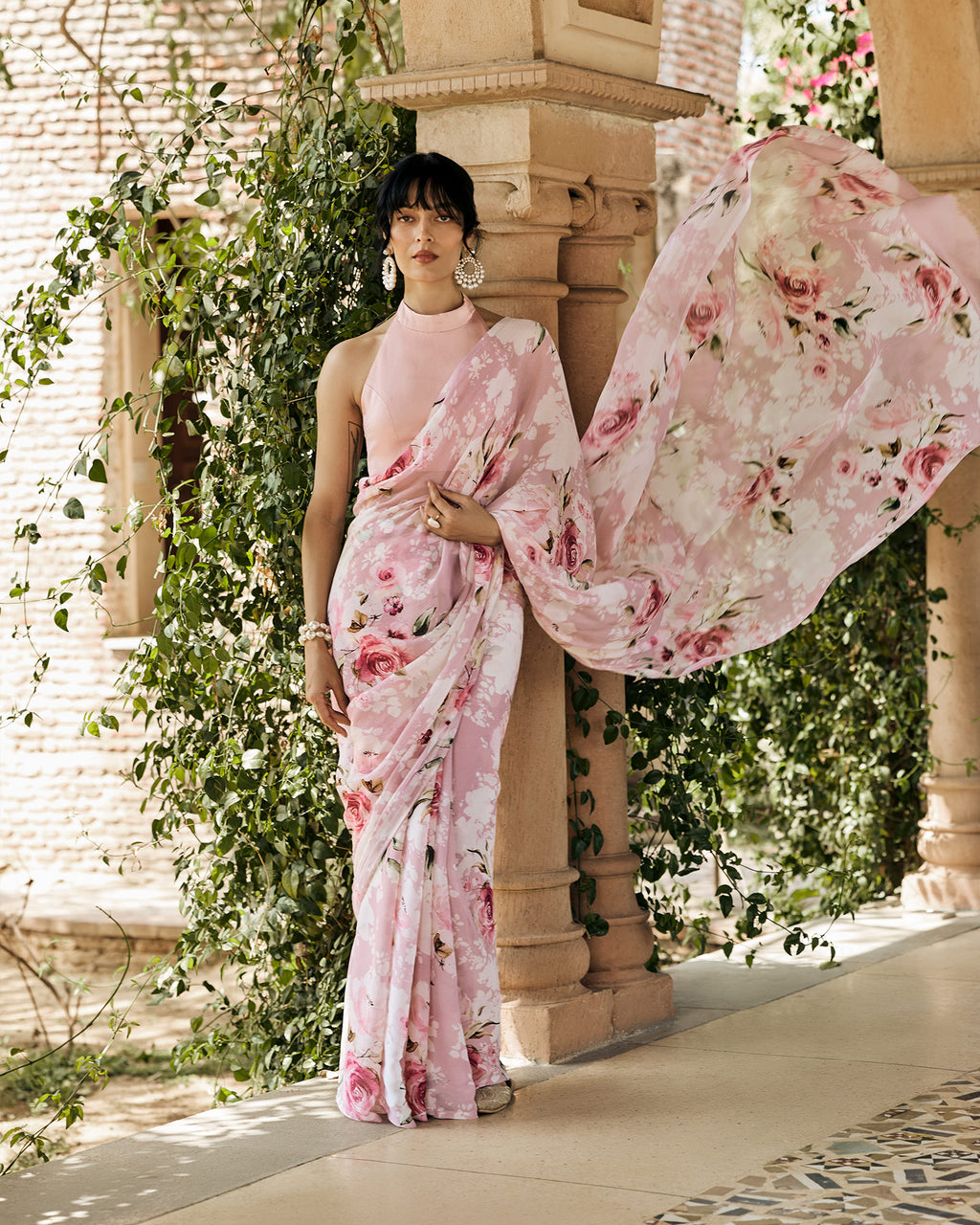 Pink and White Printed Chiffon Saree