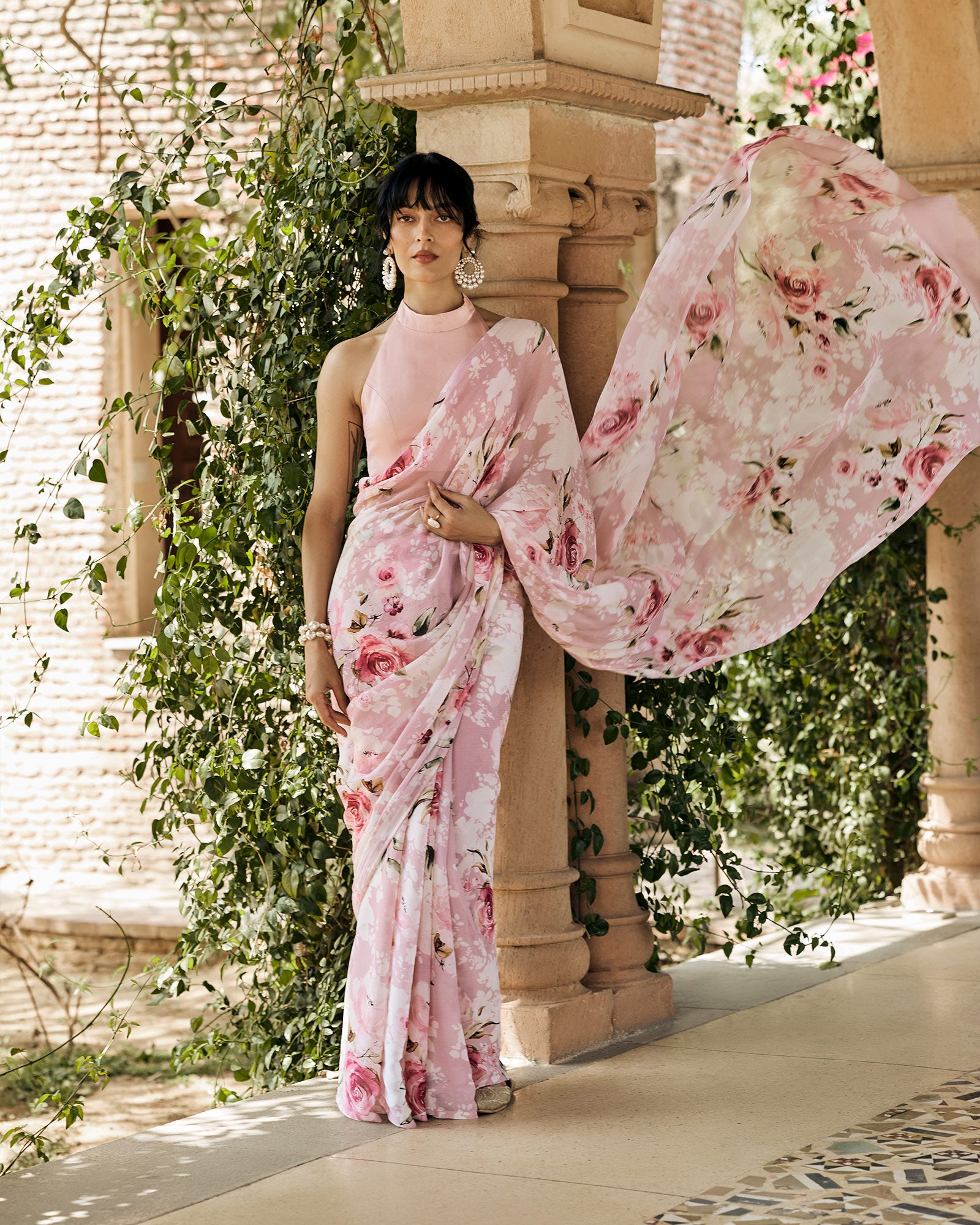 Pink and White Printed Chiffon Saree