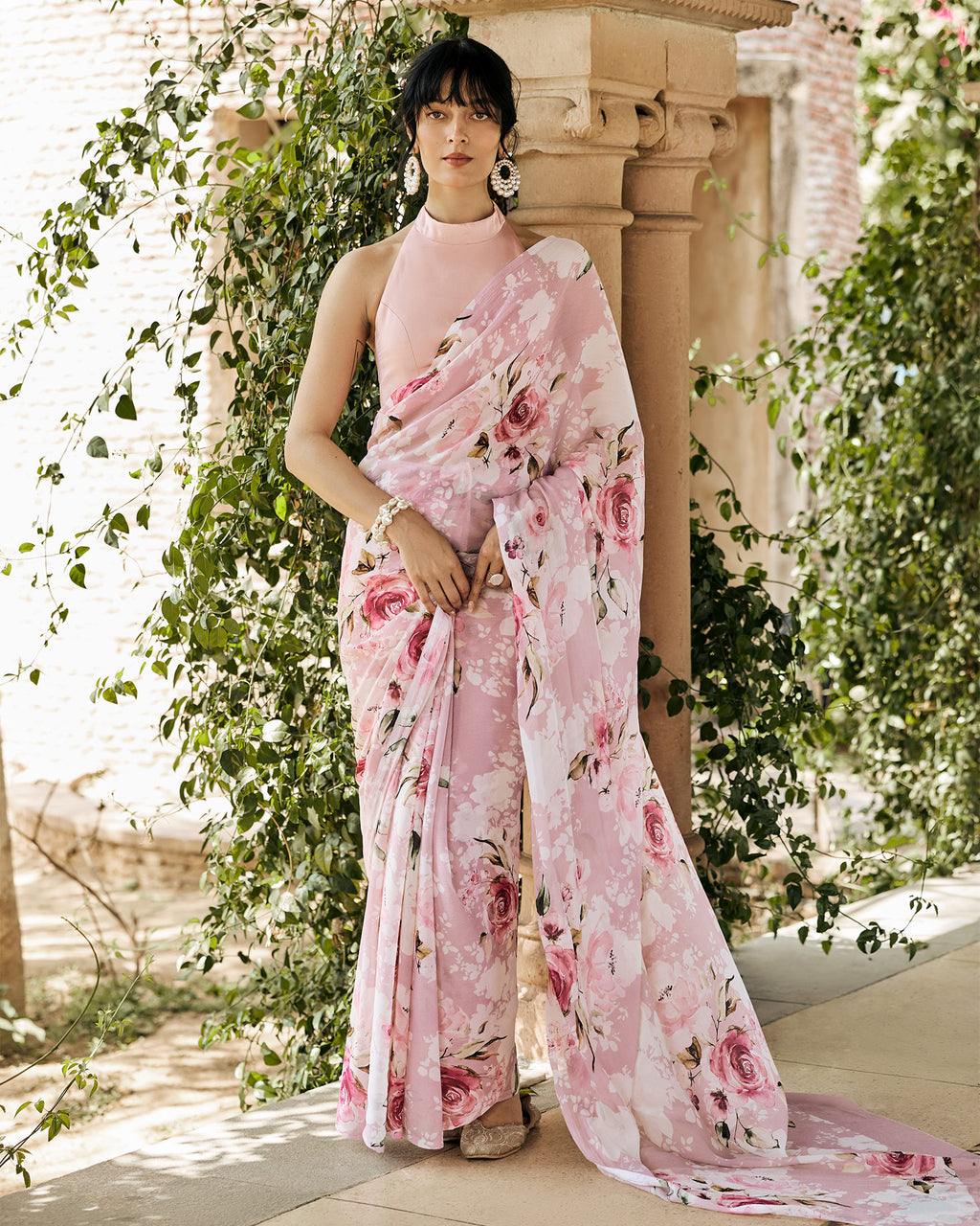 Pink and White Printed Chiffon Saree