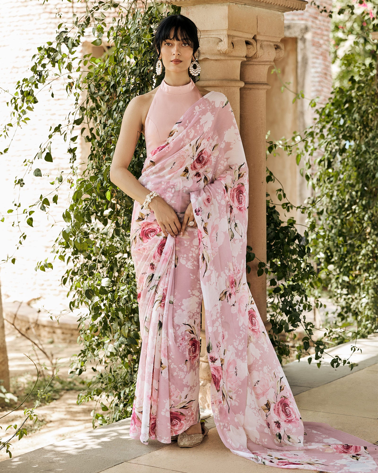 Pink and White Printed Chiffon Saree