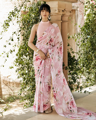 Pink and White Printed Chiffon Saree