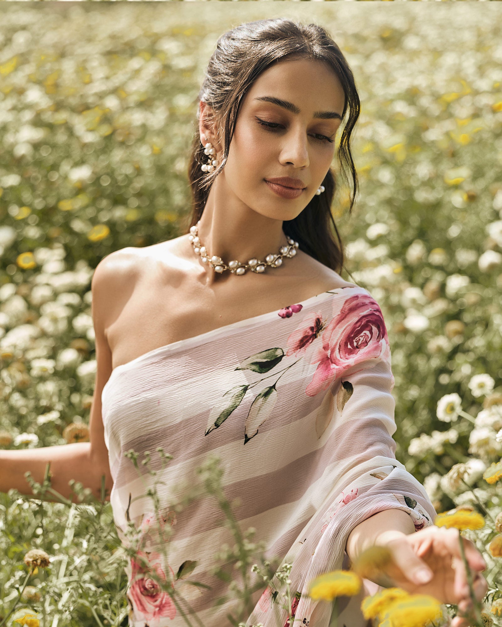 Lavender and White Printed Chiffon Saree