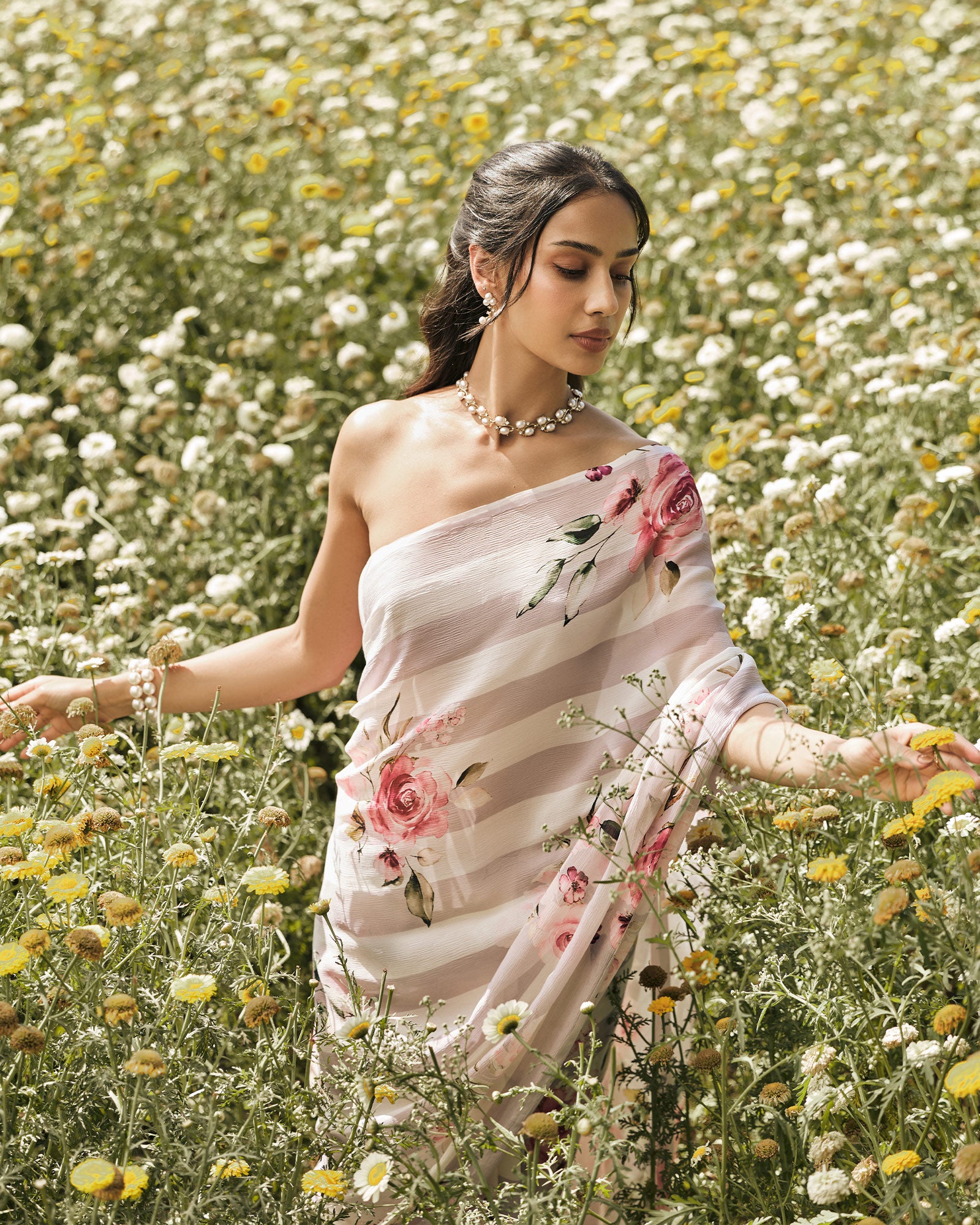 Lavender and White Printed Chiffon Saree
