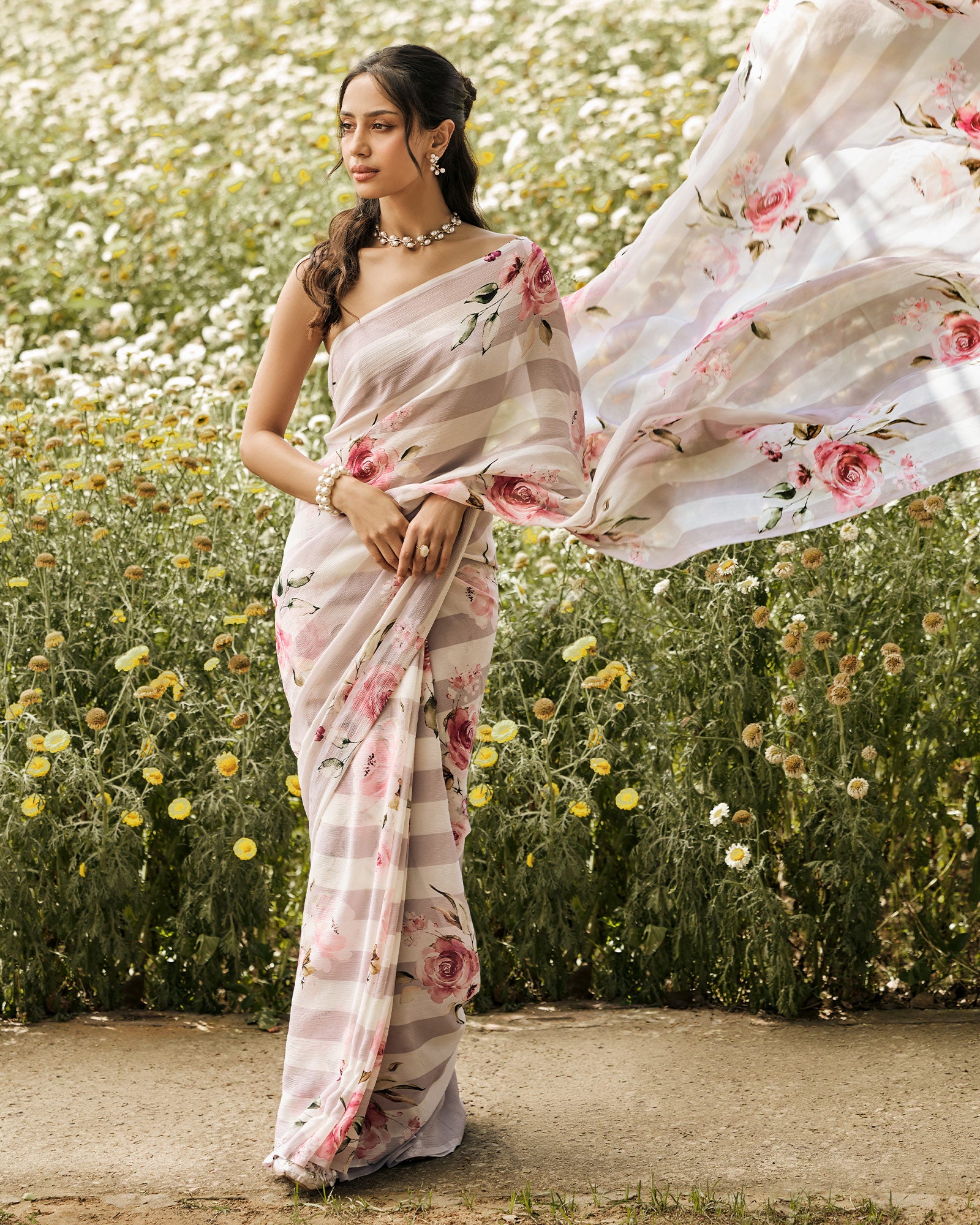 Lavender and White Printed Chiffon Saree