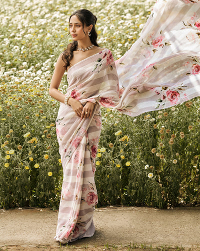 Lavender and White Printed Chiffon Saree