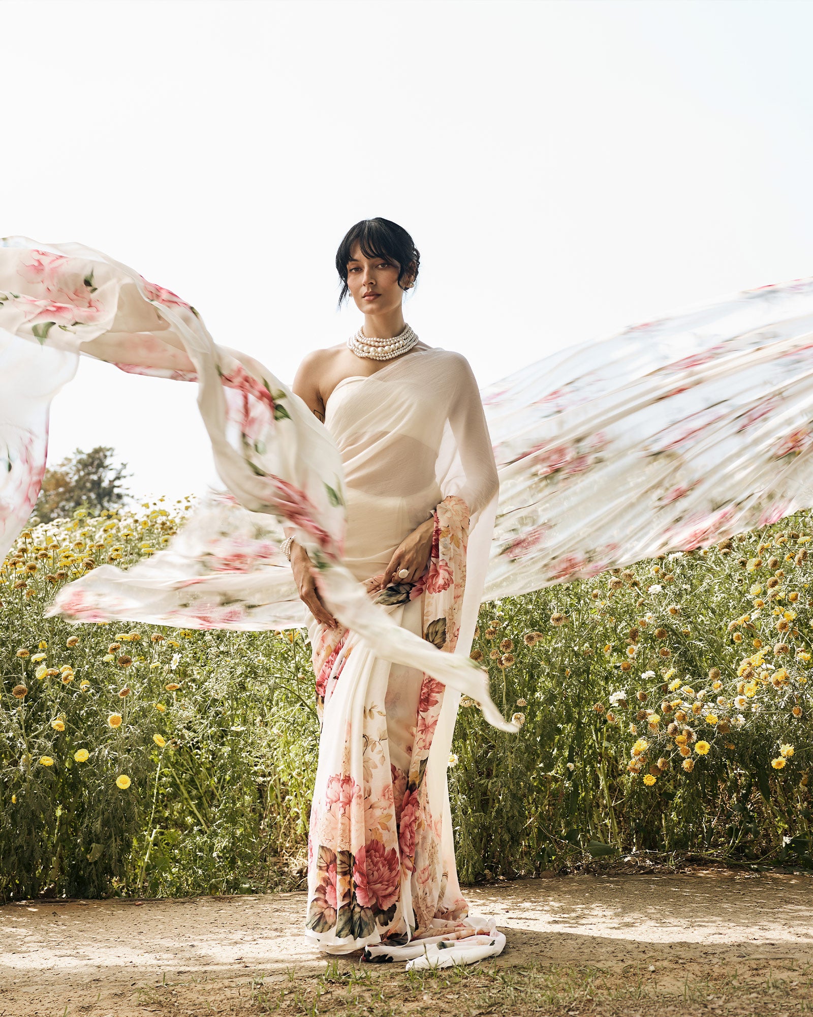 Off White Printed Chiffon Saree