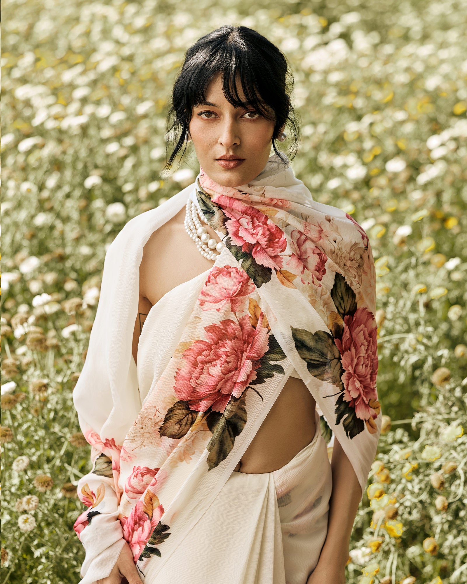 Off White Printed Chiffon Saree