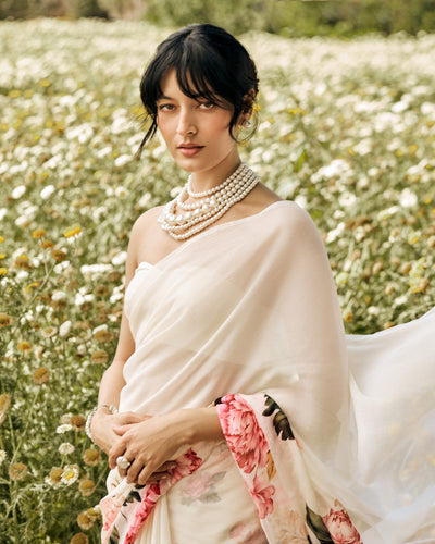 Off White Printed Chiffon Saree