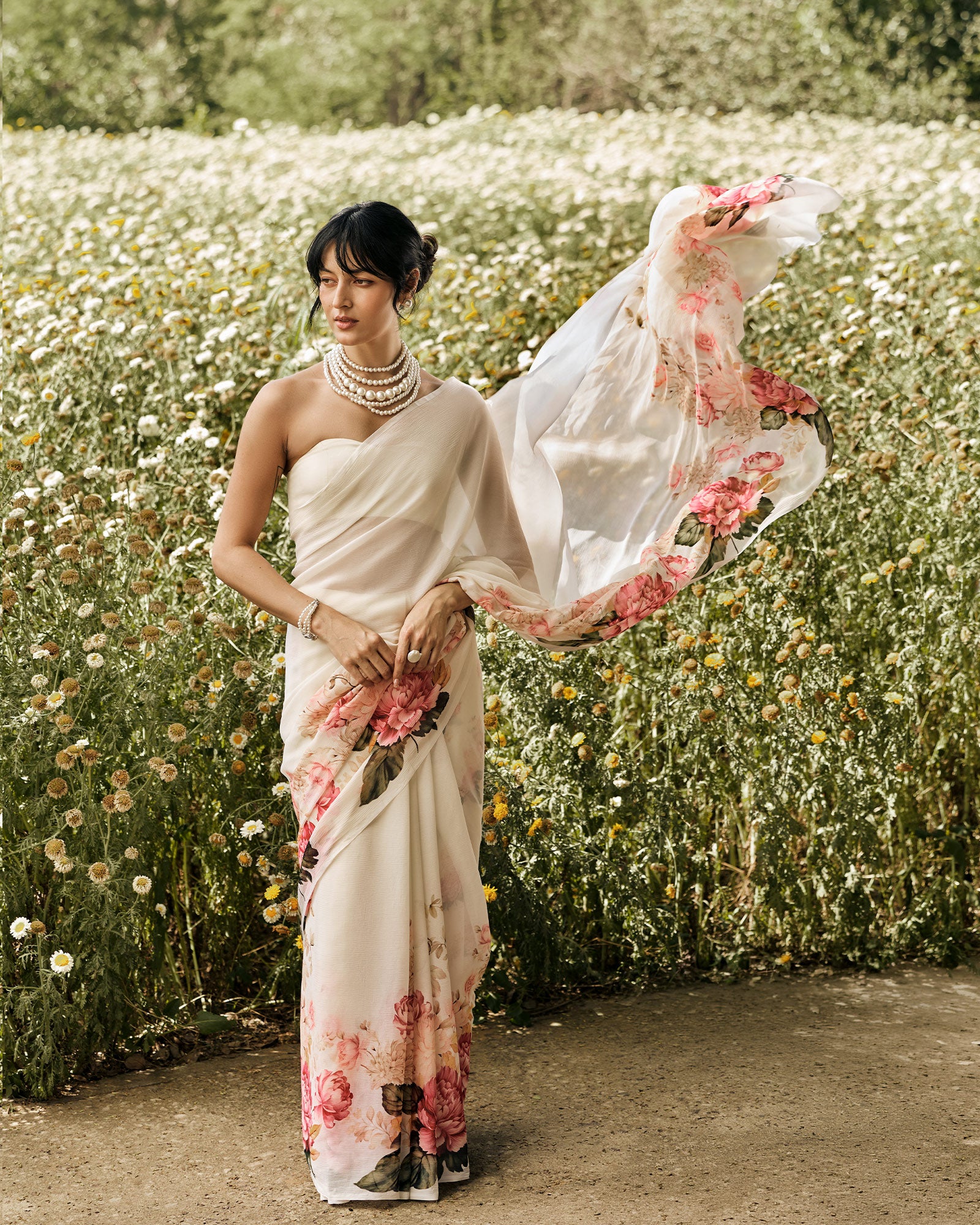 Off White Printed Chiffon Saree
