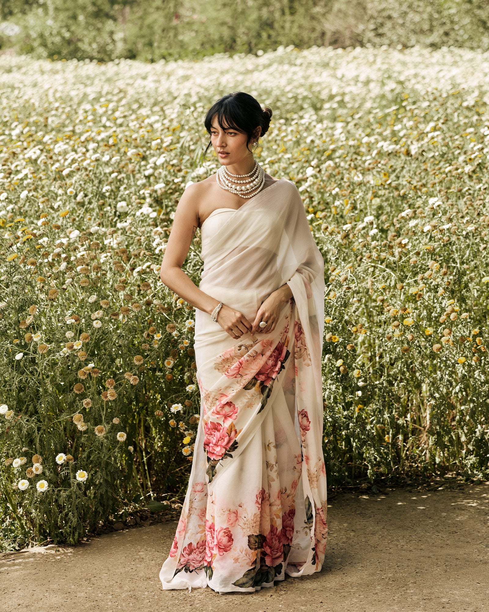 Off White Printed Chiffon Saree