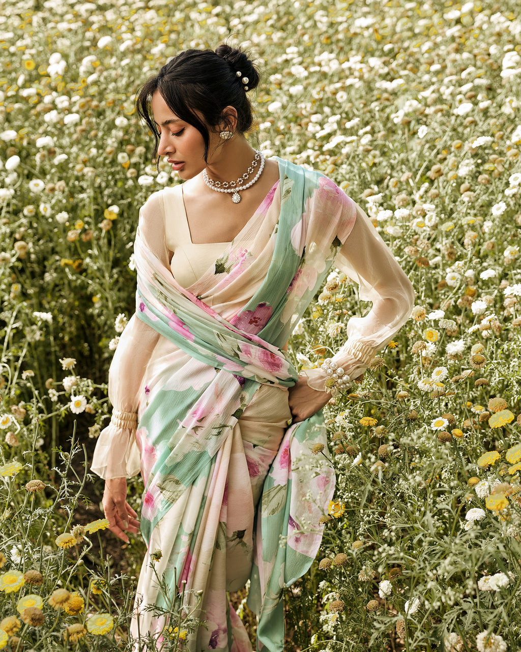 Beige and Green Printed Chiffon Saree