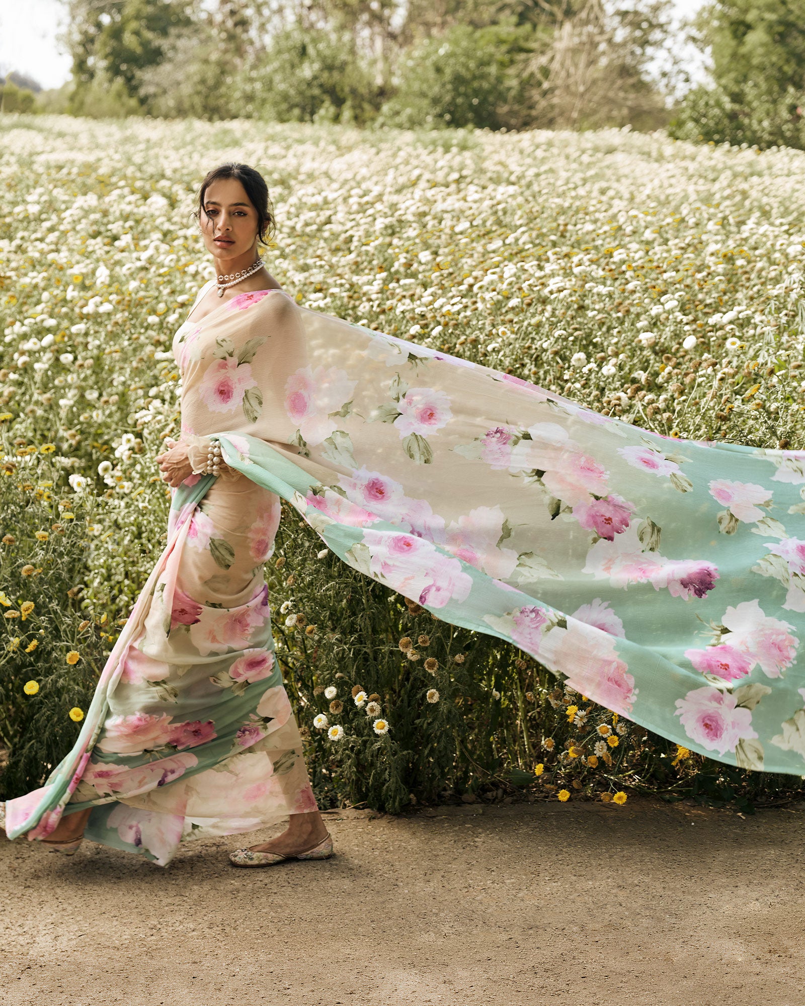 Beige and Green Printed Chiffon Saree